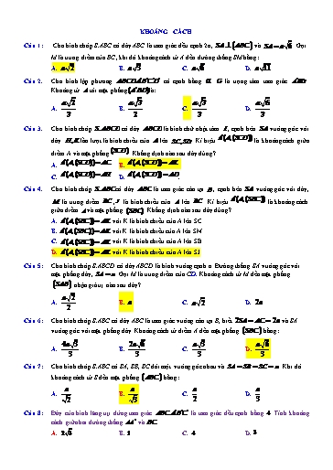 72 Câu hỏi Hình học 11 - Phần: Khoảng cách (Có đáp án)