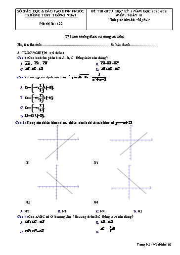Đề thi giữa học kì I môn Toán 10 - Mã đề 102 - Năm 2020-2021 - Trường THPT Thống Nhất (Có đáp án)