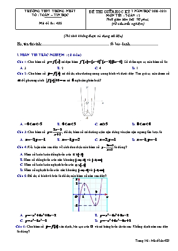 Đề thi giữa học kỳ I môn Toán 12 - Mã đề 485 - Năm học 2020-2021 - Trường THPT Thống Nhất (Có đáp án + Ma trận)