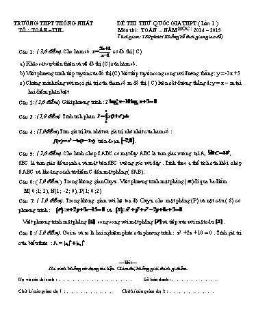 Đề thi thử THPTQG môn Toán lần 1 - Năm 2014-2015 - Trường THPT Thống Nhất (Có đáp án)
