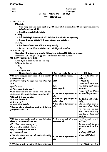 Giáo án Đại số 10 - Tiết 1, Bài 1: Mệnh đề - Ngô Văn Công