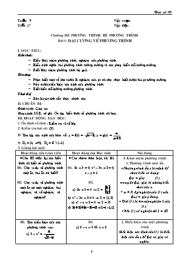Giáo án Đại số 10 - Tiết 17, Bài 1: Đại cương về phương trình