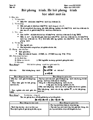 Giáo án Đại số 10 - Tiết 49, Bài: Bất phương trình. Hệ bất phương trình bậc nhất 1 ẩn