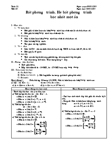 Giáo án Đại số 10 - Tiết 50, Bài: Bất phương trình. Hệ bất phương trình bậc nhất 1 ẩn