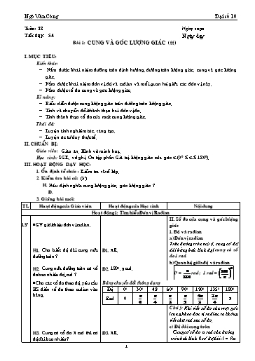 Giáo án Đại số 10 - Tiết 54, Bài 1: Cung và góc lượng giác - Ngô Văn Công