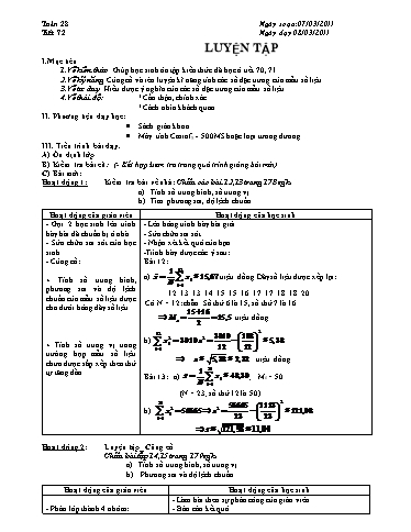 Giáo án Đại số 10 - Tiết 72: Luyên tập
