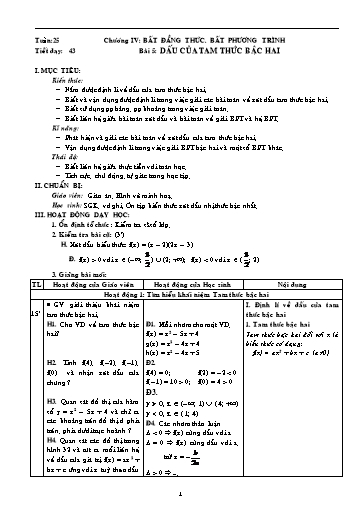 Giáo án Giải tích 11 - Tiết 43, Bài 5: Dấu của tam thức bậc 2