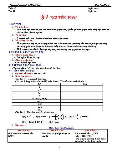 Giáo án Giải tích 12 nâng cao - Tiết 47, Bài 1: Nguyên hàm - Ngô Văn Công