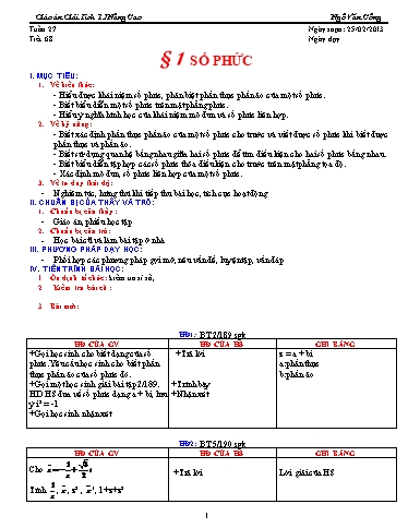 Giáo án Giải tích 12 nâng cao - Tiết 68, Bài 1: Số phức - Ngô Văn Công