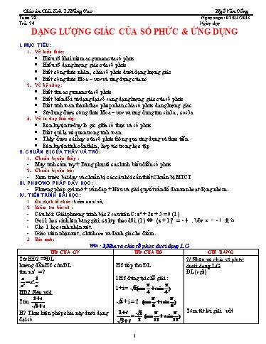 Giáo án Giải tích 12 nâng cao - Tiết 74, Bài: Dạng lượng giác của số phức và ứng dụng - Ngô Văn Công