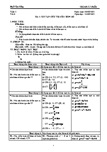 Giáo án Giải tích 12 - Tiết 6, Bài 2: Bài tập Cực trị của hàm số - Ngô Văn Công