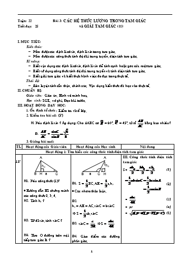 Giáo án Hình học 10 - Tiết 25, Bài 3: Các hệ thức lượng trong tam giác và giải tam giác (Tiếp tục)