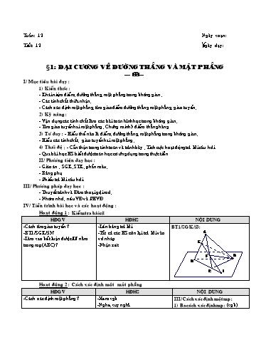 Giáo án Hình học 11 - Tiết 12, Bài 1: Đại cương về đường thẳng và mặt phẳng