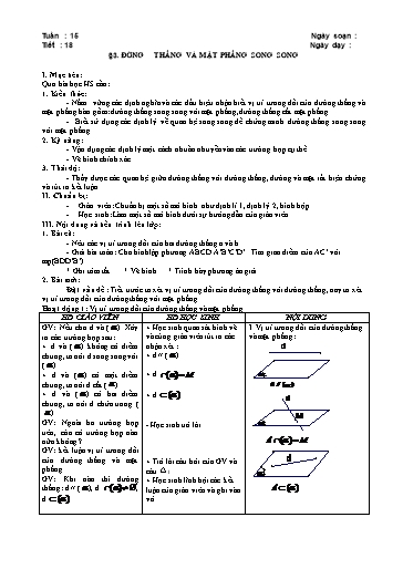 Giáo án Hình học 11 - Tiết 18, Bài 3: Đường thẳng và mặt phẳng song song
